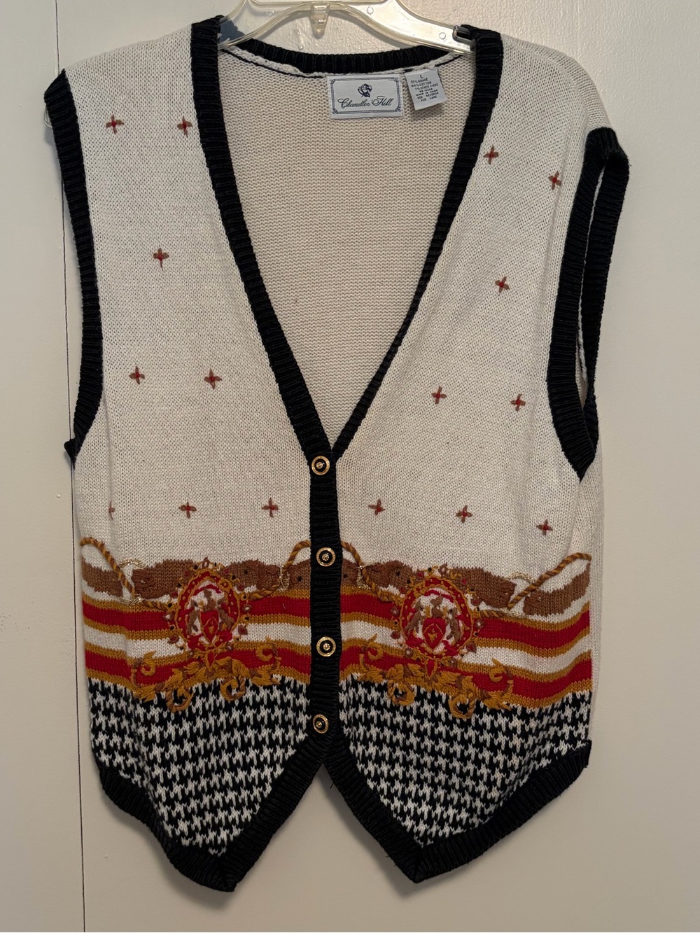 Classic Knit Buttoned Vest in Cream, Black & Multicolor
